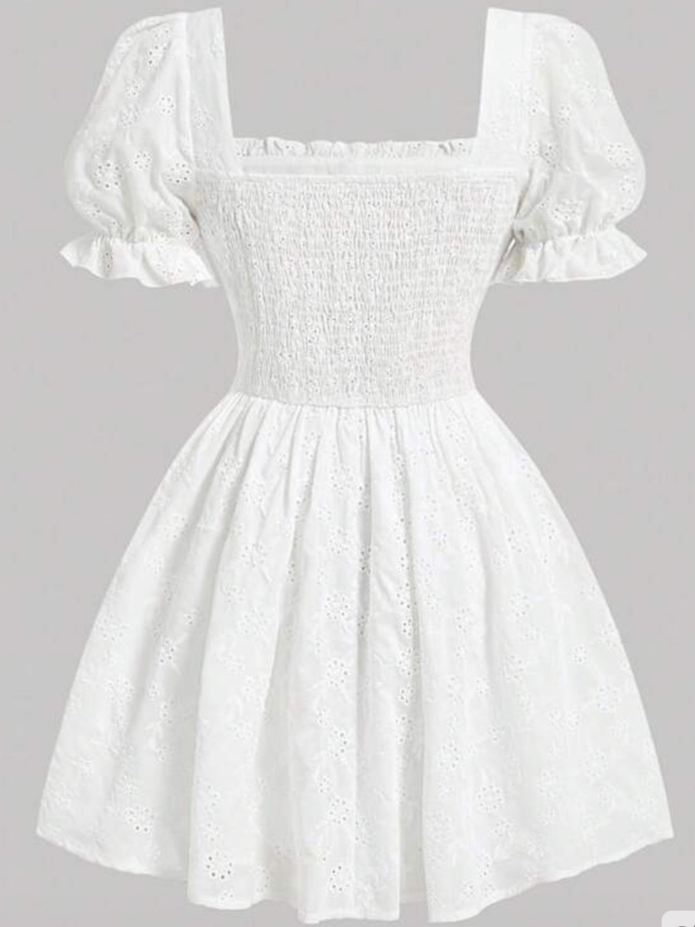White Eyelet Square-Neck Puff-Sleeve Dress